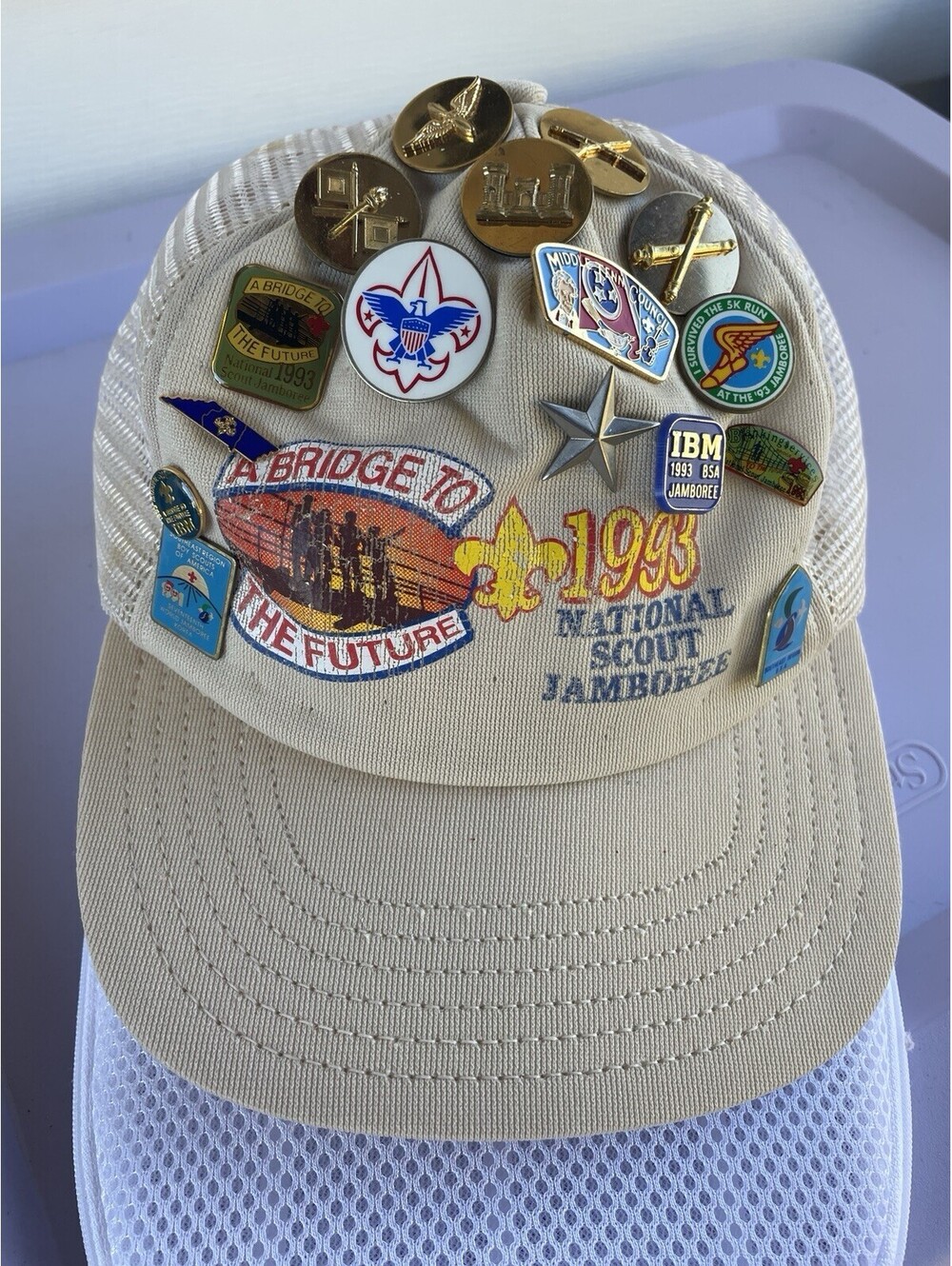 1993 Boy Scout Jamboree Trucker Hat with 16 pins